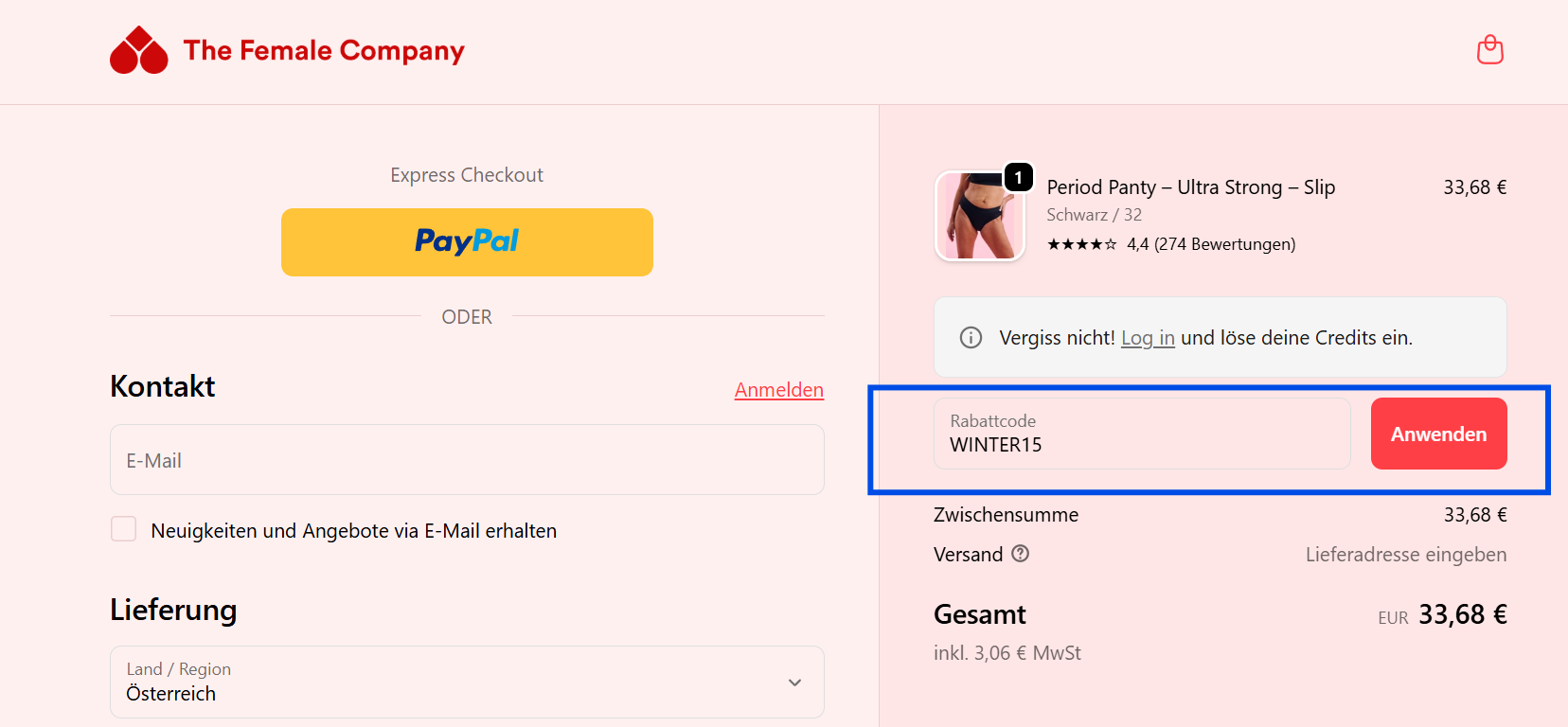 So gibst du deinen The Female Company Rabattcode ein