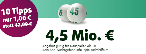 <b>2,4 Mio. €</b> im LOTTO 6 aus 45 Jackpot mit 11€ Gutschein spielen